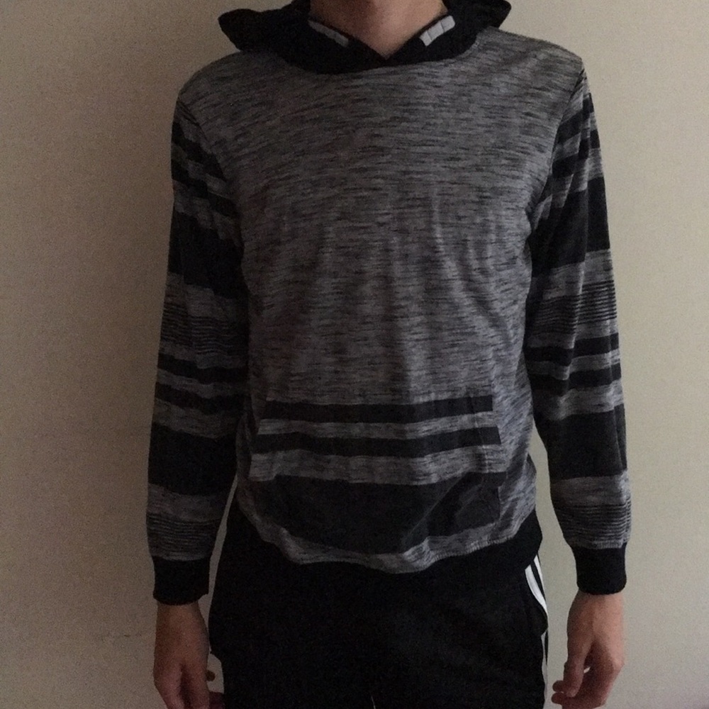 Black and grey long sleeve with hood